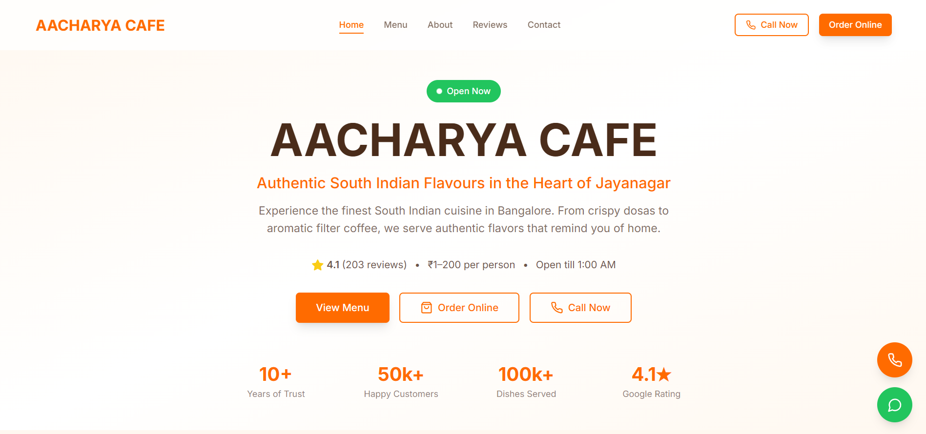 Aacharya Cafe — Restaurant Website homepage screenshot